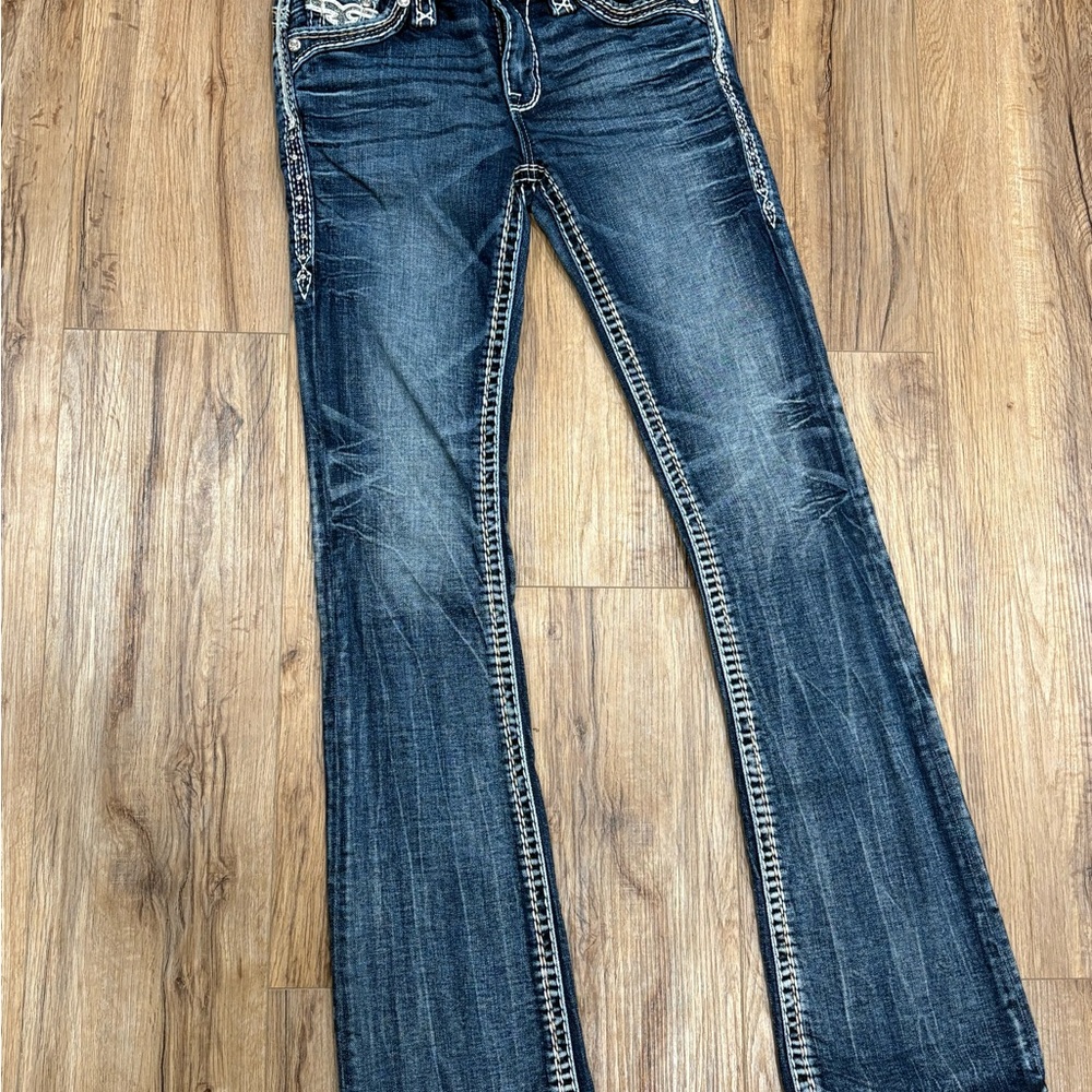 Rock Revival Blue Boot Cut Jeans with Vintage Fading